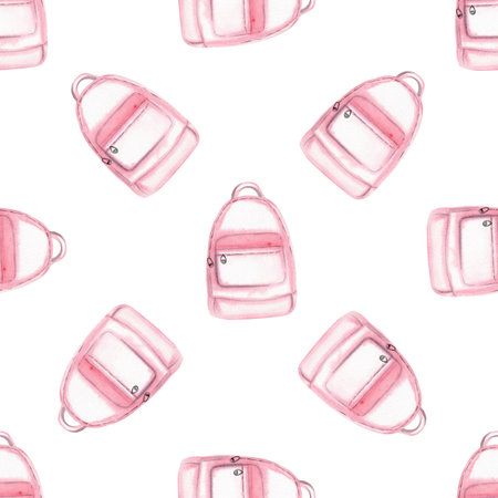 Watercolor pink backpack seamless pattern on white backgroundの写真素材