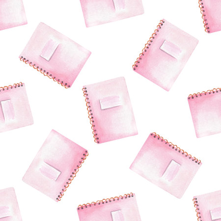 Watercolor pink notebooks seamless pattern on white background. Hand drawn planner print. school copybooksの写真素材