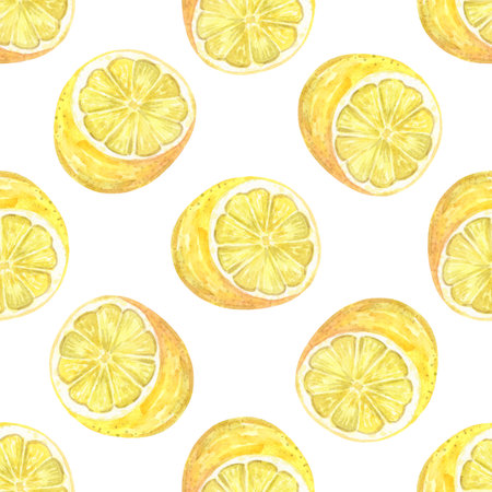Watercolor cut lemons seamless pattern on white backgroundの写真素材