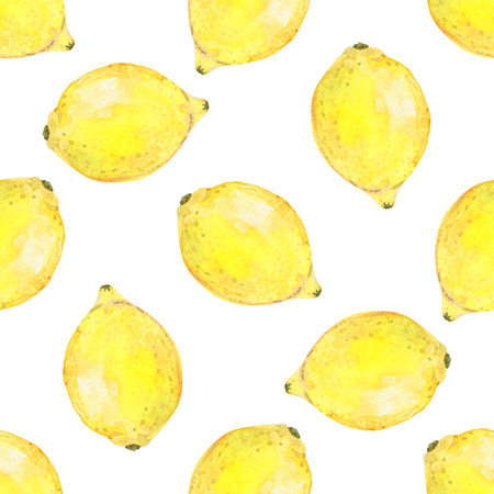 Watercolor yellow lemon seamless pattern on white backgroundの写真素材