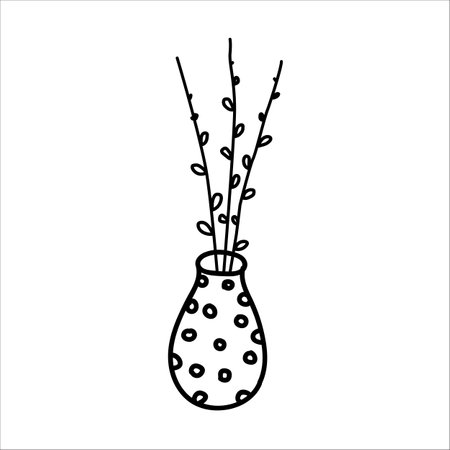 Willow branches in vase doodle vector illustration isolated on white background.のイラスト素材