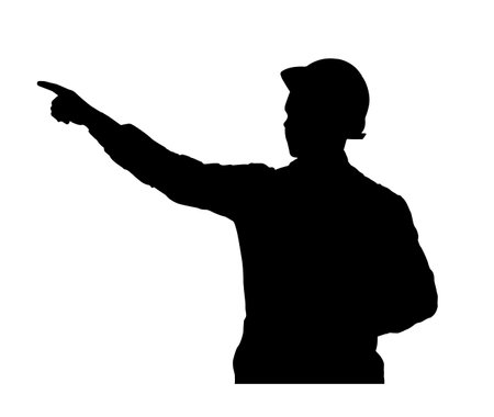 Vector engineer silhouette in helmet showing something with hand isolated on white backgroundのイラスト素材
