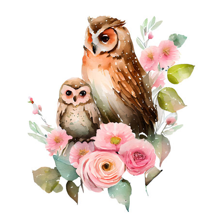 Cute mother owl and baby owl with pink flowers watercolor Illustration isolated on white background. Generative AIの素材