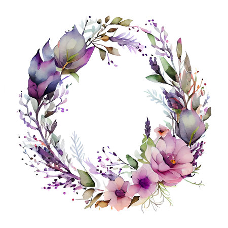 Watercolor purple floral wreath isolated on white background. flowers round border. Generative AIの素材