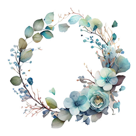Watercolor blue floral wreath isolated on white background. flowers round border. Generative AIの素材