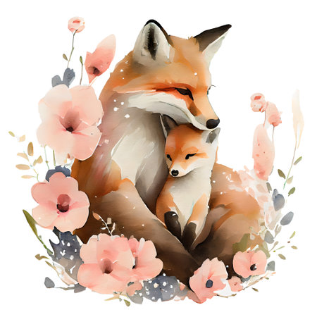 Cute mother fox with baby with pink flowers watercolor Illustration isolated on white background. Generative AIの素材