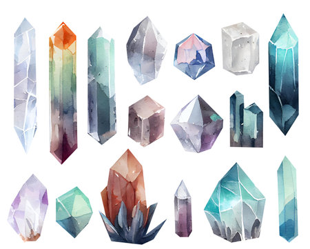 Crystals and gemstones set illustration isolated on white background. AI generatedの素材