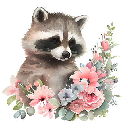 Cute baby raccoon with pink flowers watercolor Illustration isolated on white background. Generative AIの素材