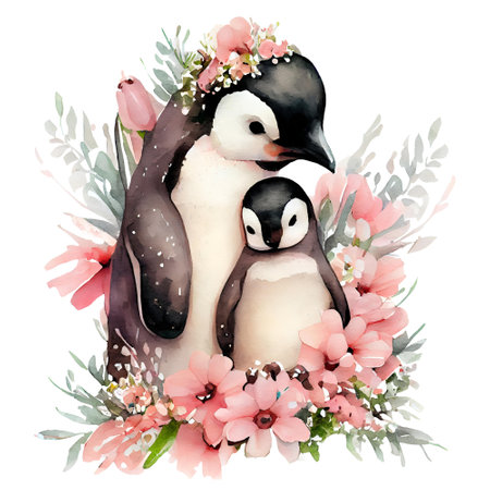 Cute mother penguin and baby with pink flowers watercolor Illustration isolated on white background. Generative AIの素材
