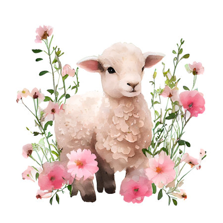 Cute baby lamb with pink flowers watercolor Illustration isolated on white background. Generative AIの素材