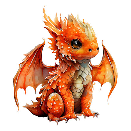 Cute orange baby dragon sitting isolated on white background. Watercolor style illustration, Generative AIの素材