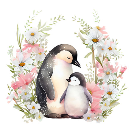 Cute mother penguin and baby with pink flowers watercolor Illustration isolated on white background. Generative AIの素材