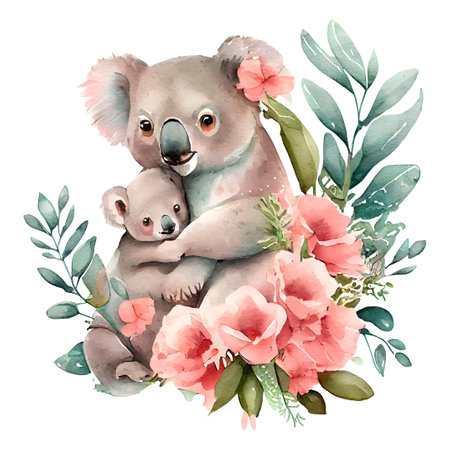 Cute mother koala and baby with pink flowers watercolor Illustration isolated on white background. Generative AIの素材