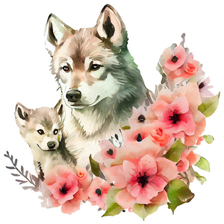 Cute mother wolf and baby with pink flowers watercolor Illustration isolated on white background. Generative AIの素材