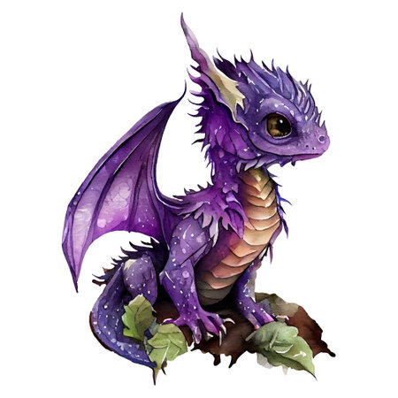 Cute purple baby dragon sitting isolated on white background. Watercolor style illustration, Generative AIの素材