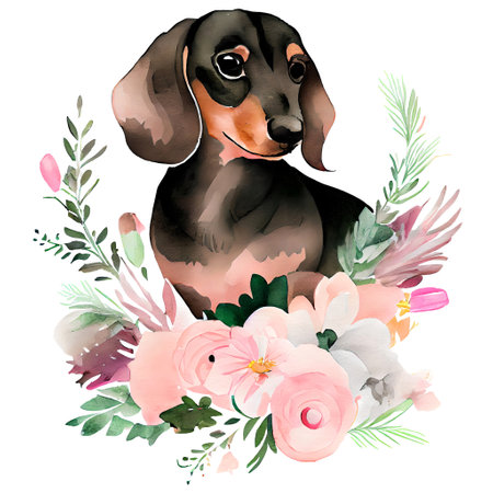 Black duchshund with pink flowers watercolor Illustration isolated on white background. Generative AIの素材