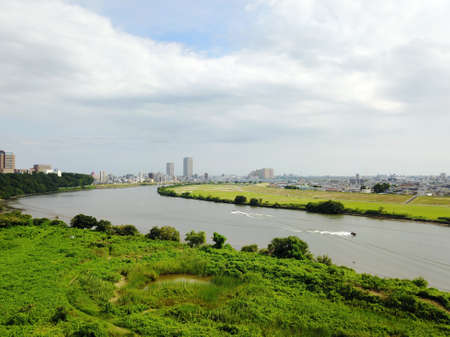 Edogawa over the Ichikawa cityの写真素材