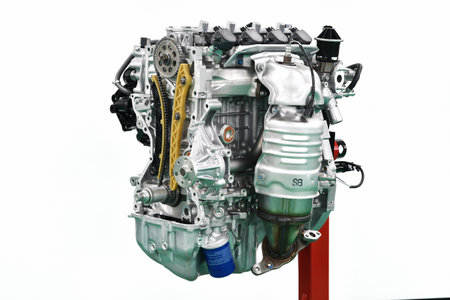 The engine of a car being serviced at the engine stand