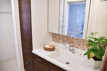 Interior of modern bathroom with sink, mirror and mirror. Nobody inside