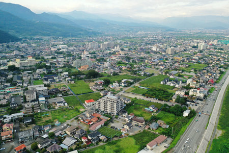 Aerial view of Isawa Onsen in Yamanashi Prefectureの写真素材