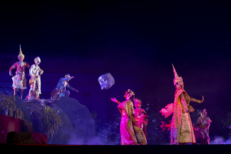 CHIANG MAI, THAILAND - JAN 26, 2019 : Thailand Dancing in masked perform a Thai classic masked ballet ( Khon ), unidentified actors are showing in the traditional Thai dancing at Three Kings Monument.のeditorial素材