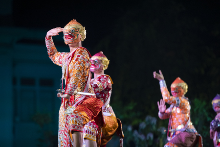 CHIANG MAI, THAILAND - JAN 26, 2019 : Thailand Dancing in masked perform a Thai classic masked ballet ( Khon ), unidentified actors are showing in the traditional Thai dancing at Three Kings Monument.のeditorial素材