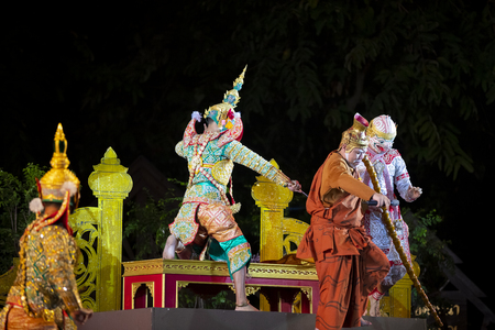 CHIANG MAI, THAILAND - JAN 26, 2019 : Thailand Dancing in masked perform a Thai classic masked ballet ( Khon ), unidentified actors are showing in the traditional Thai dancing at Three Kings Monument.のeditorial素材