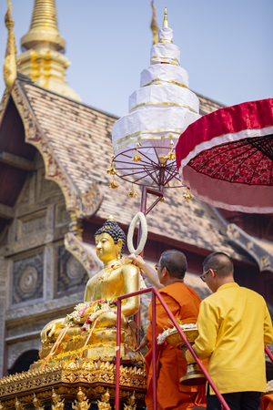 CHIANGMAI , THAILAND - APR 13 2019: Phra Singh statue of Phra Singh temple was moved to the parade cars for pour water in Songkran festival 2019 on April 13, 2019 in Chiang Mai, Thailand.のeditorial素材