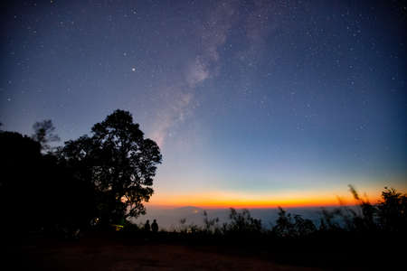 Beautiful natural And  Milky Way Star in the Twilight Time At Doi Pui Chiang Mai, Thailand.の写真素材