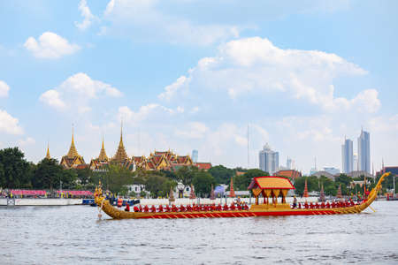 BANGKOK, THAILAND - OCT 17 2019: The Royal Barge in Chao Phraya river to be used in the royal...