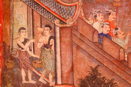 Wall Ancient painting of buddhist temple mural at Wat Phra sing, a famous temple in chiangmai province, Thailand. The temple is open to the public and has beautiful murals on the walls.のeditorial素材