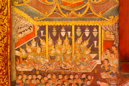 Wall Ancient painting of buddhist temple mural at Wat Phra sing, a famous temple in chiangmai province, Thailand. The temple is open to the public and has beautiful murals on the walls.のeditorial素材