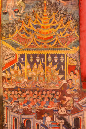 Wall Ancient painting of buddhist temple mural at Wat Phra sing, a famous temple in chiangmai province, Thailand. The temple is open to the public and has beautiful murals on the walls.のeditorial素材