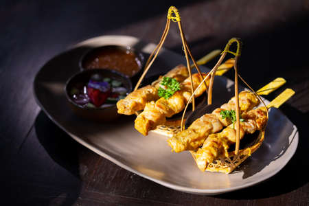 Grilled Chicken Satay with Peanut Sauce pickles which are cucumber slices and onions in vinegar, Thai foodの写真素材