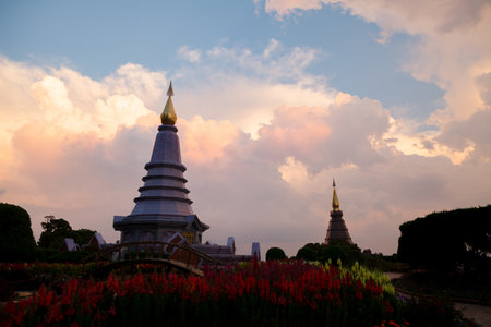 Landscape of two pagoda on the top of Inthanon mountain, Chiang Mai, Thailand.の写真素材
