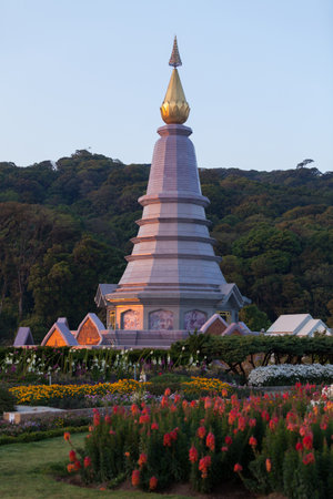 Landscape of two pagoda on the top of Inthanon mountain, Chiang Mai, Thailandの写真素材