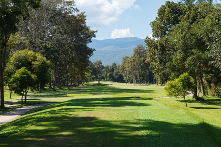 Golf course with blue sky backgroundの写真素材