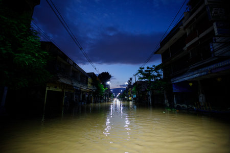 CHIANGMAI , THAILAND - OCT 06 2024 : Chiang Mai city flooded as Ping River overflows