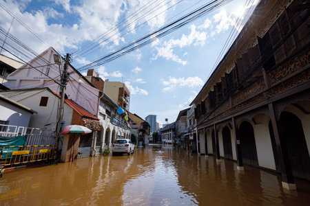 CHIANGMAI , THAILAND - OCT 06 2024 : Chiang Mai city flooded as Ping River overflows