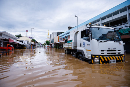 CHIANGMAI , THAILAND - OCT 04 2024 : Chiang Mai city flooded as Ping River overflows