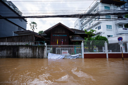 CHIANGMAI , THAILAND - OCT 04 2024 : Chiang Mai city flooded as Ping River overflows