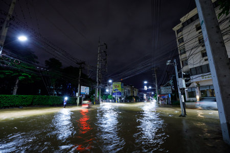 CHIANGMAI , THAILAND - OCT 04 2024 : Chiang Mai city flooded as Ping River overflows