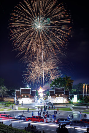 Beautiful fireworks at The Royal Park Rajapruek Chiangmai Thailand.の写真素材