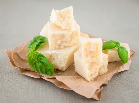 Parmesan cheese and basil leavesの写真素材