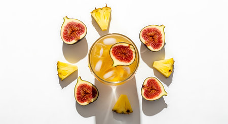 Top view of glass of fresh fig juice with sliced fruit on white backgroundの素材
