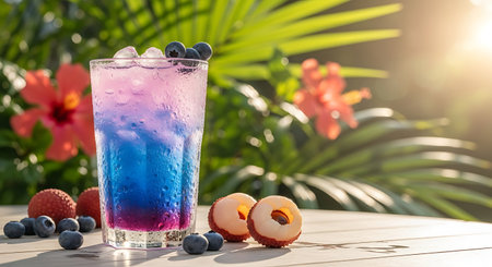 Blueberry and blueberry smoothie with ice in a glass.の素材