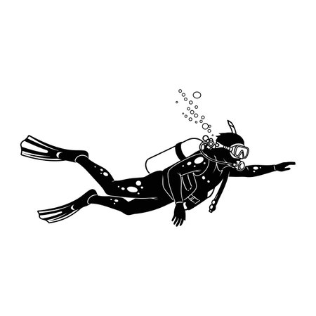 A black silhouette of a scuba diver in full gear, complete with fins, mask, and oxygen tank, is depicted swimming.のイラスト素材