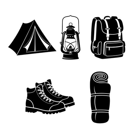 Essential silhouette camping gear including tent lantern backpack boots and sleeping bag for outdoor adventuresのイラスト素材