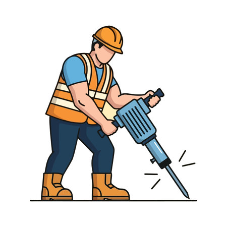 A man in construction gear uses a jackhammer to break up the ground, depicted in a stylized illustration.のイラスト素材