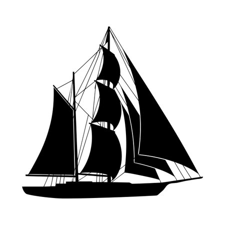 A striking black silhouette of a classic sailing vessel with multiple masts and billowing sails, ready to navigate the open sea.のイラスト素材